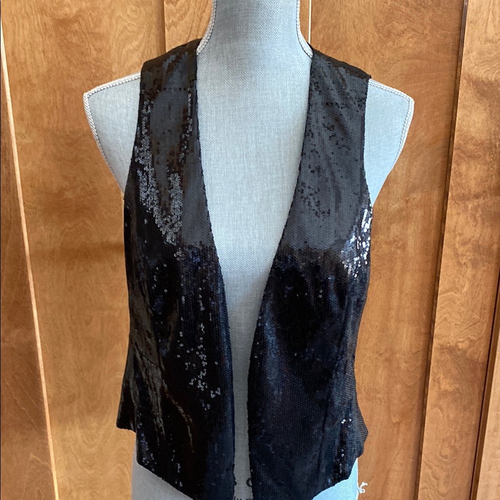Cache Black Sequin Vest with Sheer Black Material in Back Sz 8